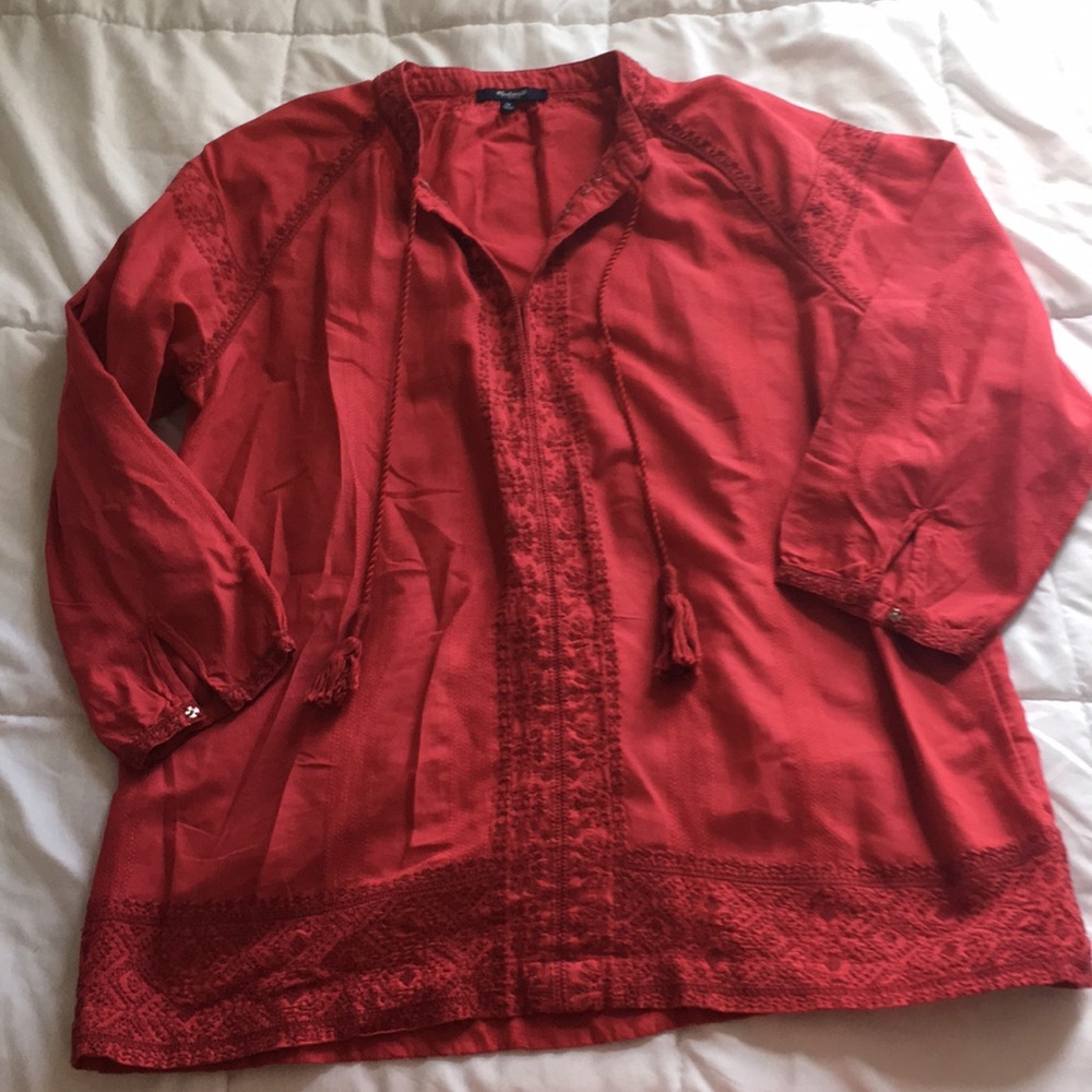 Madewell Embroidered Peasant Blouse Hot Pink